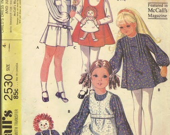 McCall's 70s Sewing Pattern Raggedy Ann Transfer Girls Dress Jumper Pinafore Long Sleeves Mini Length Size 4 Breast 23