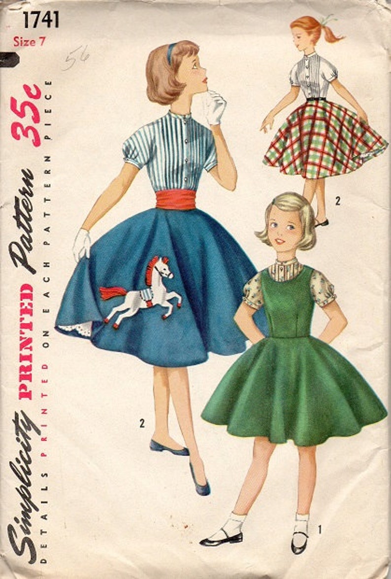 Simplicity 1741 Sewing Pattern Retro 50s School Girl Full Circle Skirt Swing Dress Cummerbund Waist Jumper Pleated Blouse Size 12 Rockabilly image 2