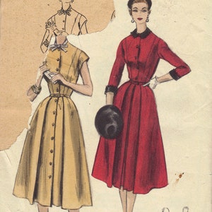 Vogue 8437 Sewing Pattern 1950s Garden Party Tea Dress Flared Button Front Pleated Skirt Fitted Bodice High Neckline Collar Cuffs Bust 32 image 2