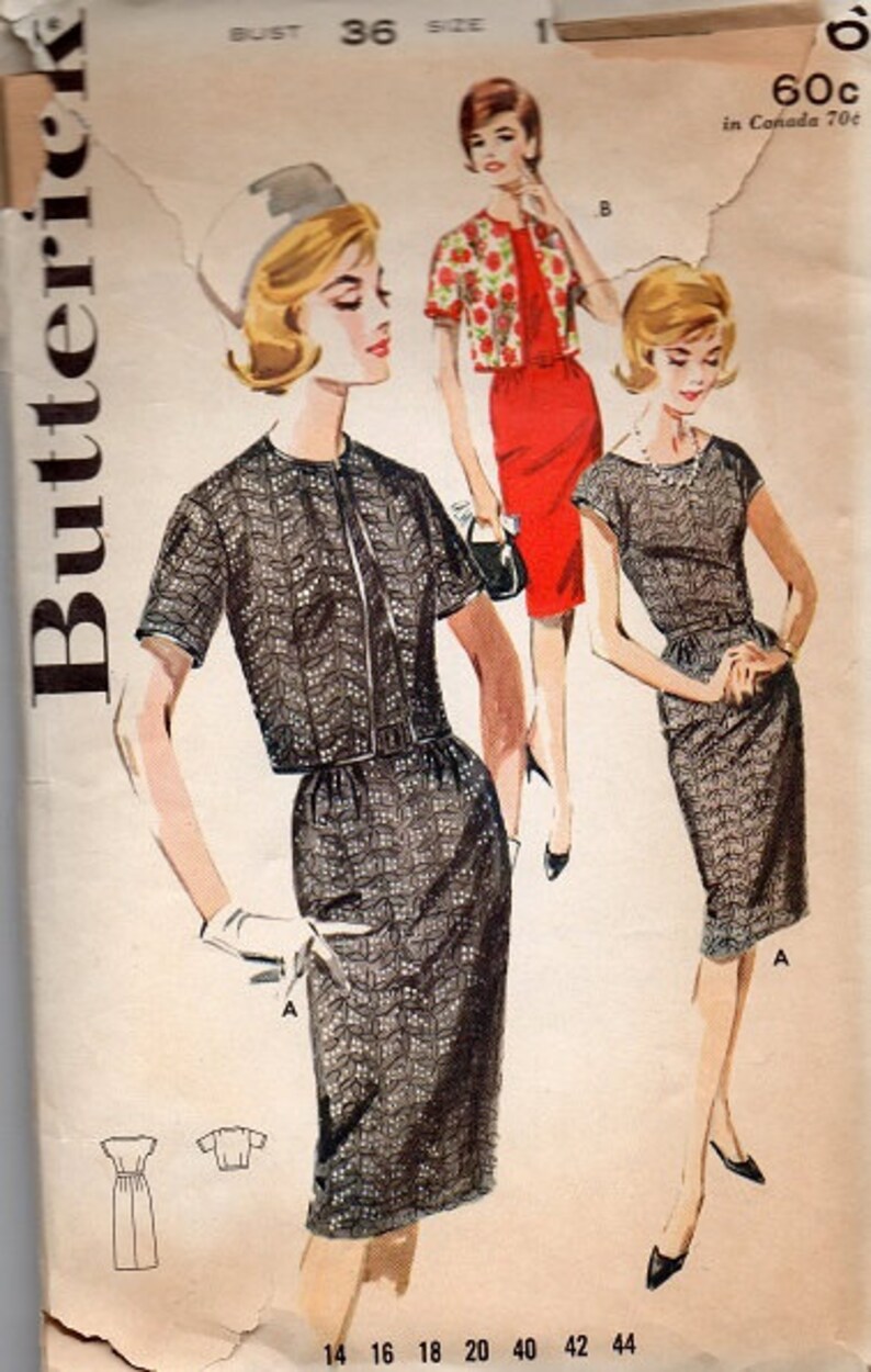 Butterick 2636 Sewing Pattern 1960s Mad Men Style Wiggle Dress Cropped Jacket Jackie O Basic Sheath Retro Fashion Bust 36 image 2