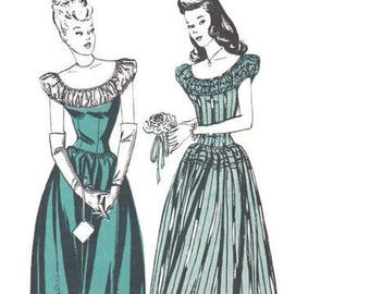 1940s Butterick Sewing Pattern 3741 Evening Gown Garden Tea Party Dress Fitted Bodice Dirndl Skirt Puff Sleeve Prom Debutante Bust 32