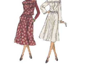 70s Vintage Vogue Sewing Pattern Loose Fit Pullover Blouson Dress Long Sleeves Full Flared Skirt Elastic Waist Boho Style Bust 32