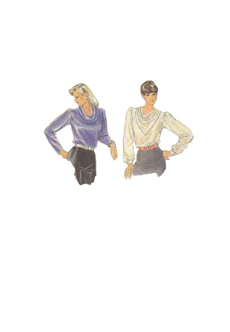 Simplicity 7092 Sewing Pattern 80s Misses Blouse Cowl Draped Neck Long Sleeves Puff Shoulders Shirt Top Disco Style Size 8 Uncut Bust 32 image 1