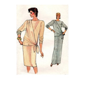 1980s Vogue Sewing Pattern New Wave Style Drop Tie Waist Draped Bodice Pullover Dress Casual Evening Length Bust 32 image 2