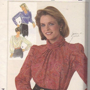 Simplicity 7092 Sewing Pattern 80s Misses Blouse Cowl Draped Neck Long Sleeves Puff Shoulders Shirt Top Disco Style Size 8 Uncut Bust 32 image 3