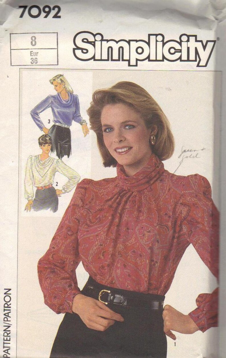 Simplicity 7092 Sewing Pattern 80s Misses Blouse Cowl Draped Neck Long Sleeves Puff Shoulders Shirt Top Disco Style Size 8 Uncut Bust 32 image 3