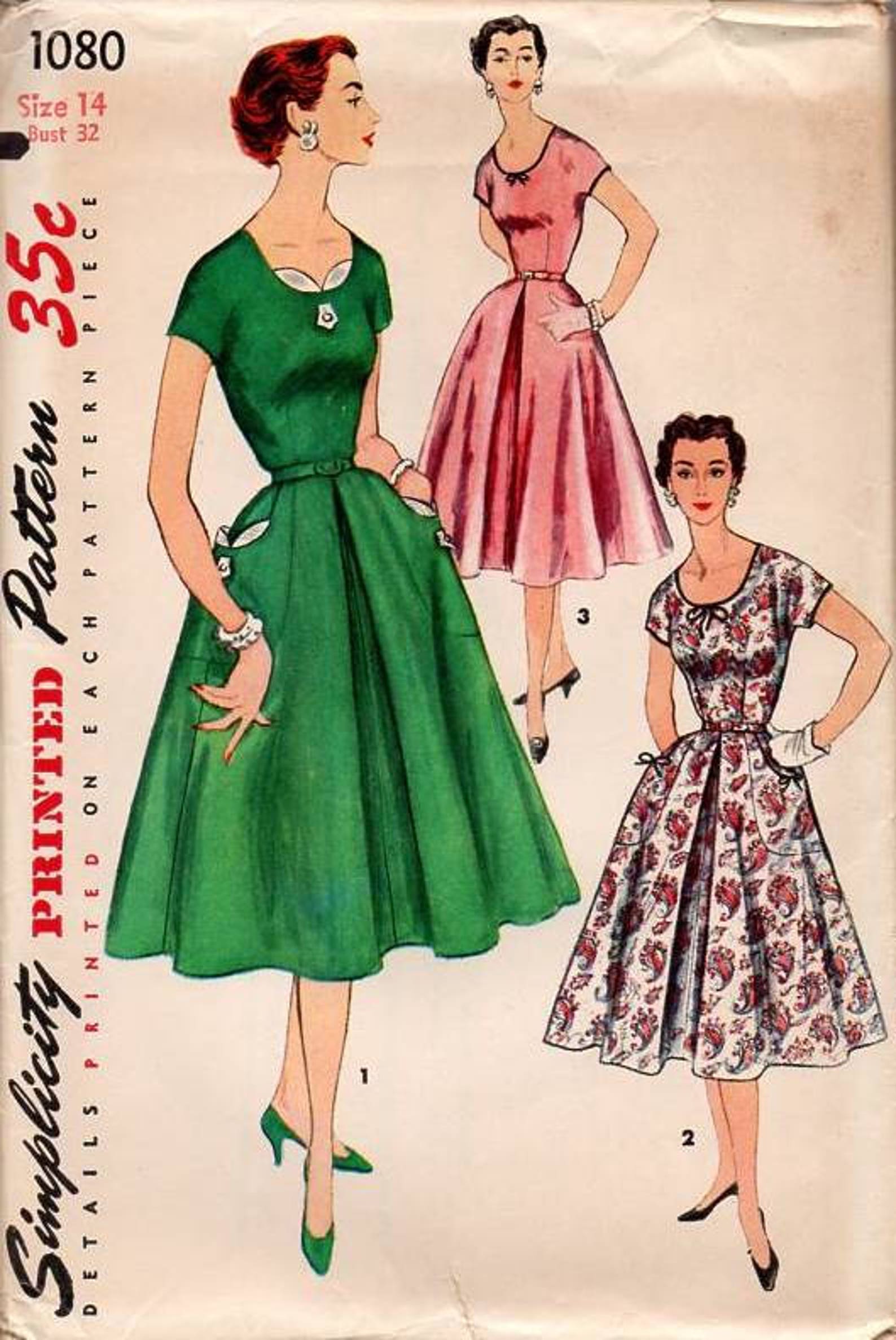 Simplicity Vintage 1950s Sewing Pattern 1080 Rockabilly Swing Dress ...