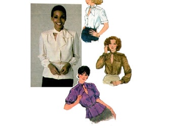 Simplicity 9238 Sewing Pattern Retro 70s Blouse Open Neck Tie Collar Button Front Business Casual Front Yoke Uncut FF Bust 32