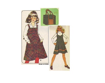 McCall's 5665 Sewing Pattern 1970s School Girls Jumper Romper Apron Dress Boho Hippie Style Beach Bag Tote Uncut Size 8 Bust 27