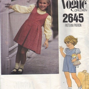 80s Vogue 2645 Sewing Pattern Girls Jumper Dress Jumpsuit Blouse Puff Sleeves Pleated Skirt Size 4 Uncut FF image 2