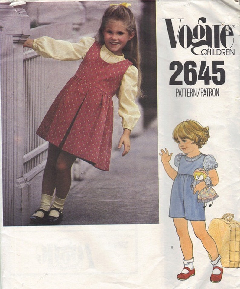 80s Vogue 2645 Sewing Pattern Girls Jumper Dress Jumpsuit Blouse Puff Sleeves Pleated Skirt Size 4 Uncut FF image 2