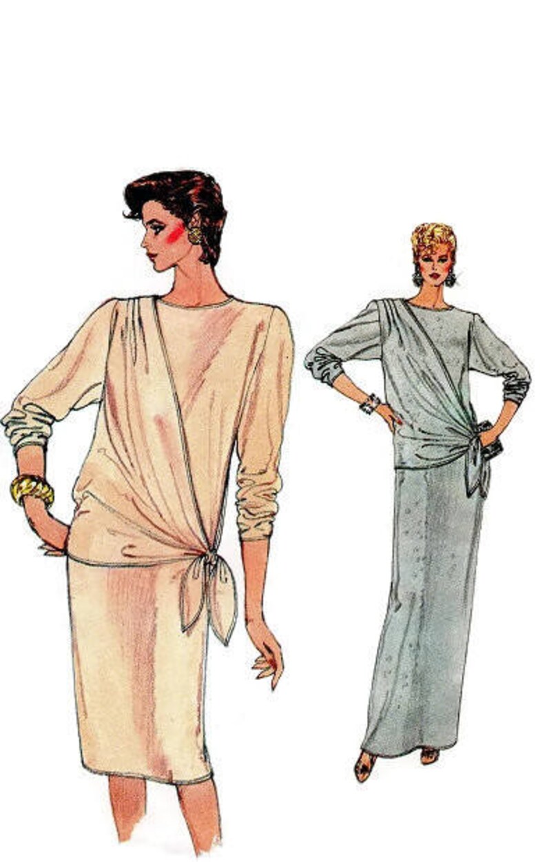 1980s Vogue Sewing Pattern New Wave Style Drop Tie Waist Draped Bodice Pullover Dress Casual Evening Length Bust 32 image 1