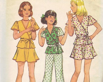 1970s Simplicity Sewing Pattern Retro Girls Pants Mini Skirt Wrap Shirt Kimono Sleeves Size 12 Bust 30