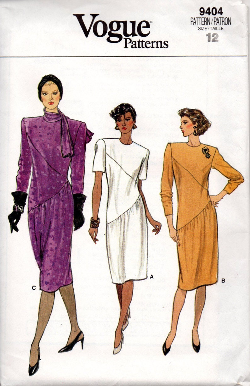 Vogue 9404 Sewing Pattern New Wave Style 80s Asymmetrical Fitted Straight Dress Long Sleeve High Neck Back Zipper Uncut FF Bust 34 image 2