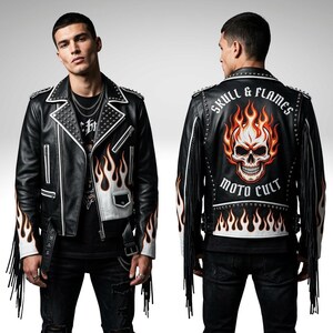 May include: Black leather jacket with white accents, silver studs, and flame design. The jacket features a skull and flames graphic on the back, with fringe detailing and the words "SKULL & FLAMES MOTO CULT".