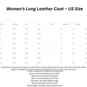 Op de afbeelding: Een maattabel voor een lange jas met de titel Women's Long Leather Coat &ndash; US Size. De tabel toont Amerikaanse maten van XS tot 4XL met bijbehorende afmetingen in inches voor buste, taille, heupen, schouder, mouwlengte en jaslengte.