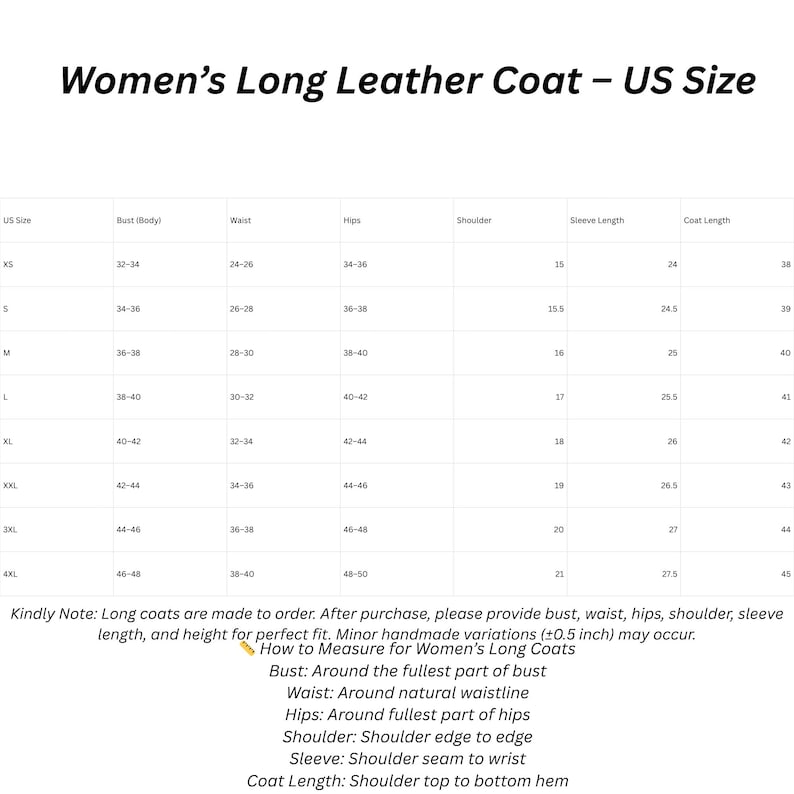 Op de afbeelding: Een maattabel voor een lange jas met de titel Women's Long Leather Coat &ndash; US Size. De tabel toont Amerikaanse maten van XS tot 4XL met bijbehorende afmetingen in inches voor buste, taille, heupen, schouder, mouwlengte en jaslengte.