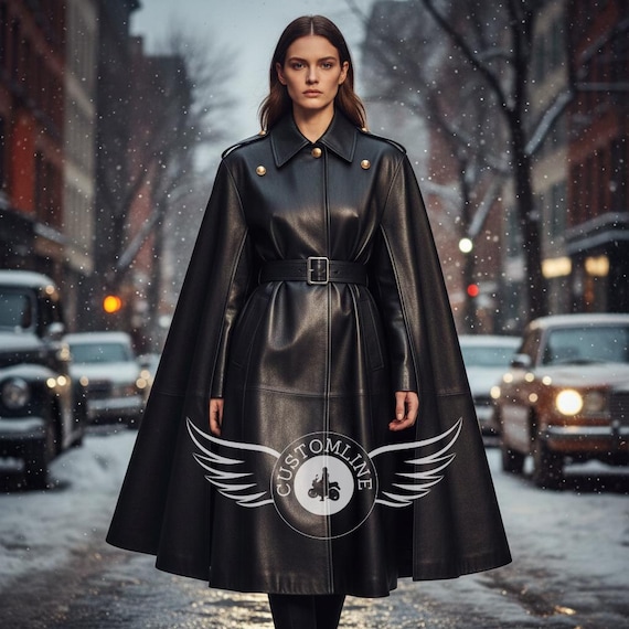 Women's Leather Cape Coat | Luxury Black Leather Trench Coat | Belted Leather Cloak Coat | Long Winter Leather Coat | Designer Outerwear