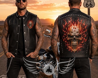 Men's Flaming Skull Leather Vest | Biker Motorcycle Vest | Route 66 Leather Vest | Gothic Skull Vest | Studded Riding Waistcoat