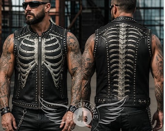 Men's Skeleton Leather Vest | Skull Rib Cage Biker Vest | Gothic Motorcycle Vest | Studded Leather Riding Vest | Punk Rock Waistcoat