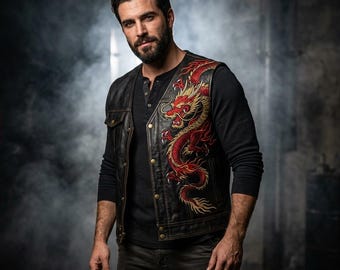 Chaleco de cuero para hombre con diseño de dragón, chaleco de motociclista negro con bordado de dragón rojo, chaleco de moto para hombre, chaleco de cuero gótico, chaleco llamativo hecho a mano.