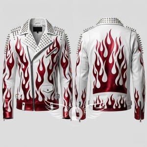 Men's White Flame Leather Jacket, Studded Biker Jacket, Motorcycle Leather Coat, Punk Rock Jacket, Custom Handmade Leather Jacket