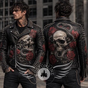 May include: A black leather motorcycle jacket featuring silver metal studs on the shoulders and sleeves. The jacket displays a detailed graphic print of a human skull entwined with a snake and surrounded by red roses on both the front and back panels.
