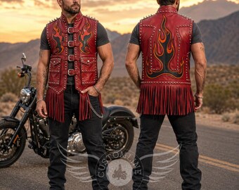 Mens Red Leather Biker Vest, Flame Leather Vest, Studded Motorcycle Vest, Fringe Leather Vest, Handmade Rider Waistcoat, Western Punk Vest