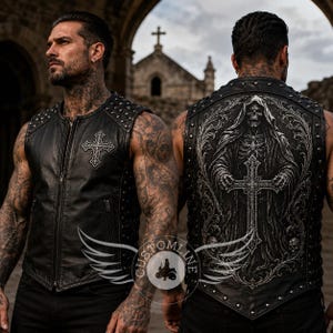 May include: A black leather waistcoat featuring a front zip, silver studs on the shoulders, and a white embroidered cross on the chest. The back displays a detailed graphic of a hooded skeleton holding a large cross, surrounded by ornate scrollwork.