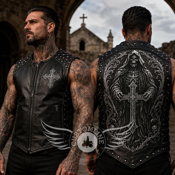 Men's Grim Reaper Leather Vest | Gothic Biker Vest | Skull Cross Motorcycle Vest | Studded Leather Riding Vest | Death Rider Vest