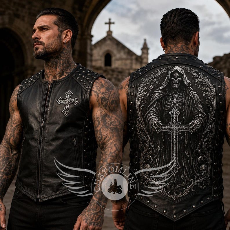 May include: A black leather waistcoat featuring a front zip, silver studs on the shoulders, and a white embroidered cross on the chest. The back displays a detailed graphic of a hooded skeleton holding a large cross, surrounded by ornate scrollwork.