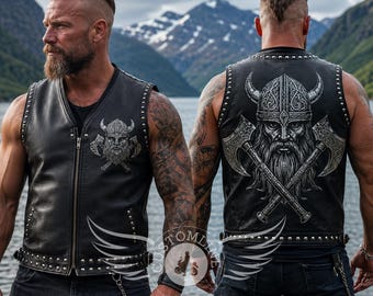 Men's Viking Leather Vest | Norse Warrior Biker Vest | Motorcycle Leather Vest | Viking Helmet Vest | Studded Riding Waistcoat