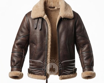 May include: A dark brown leather jacket with a thick beige shearling lining and collar. The jacket features a front zipper closure, two buckled straps at the neck, and adjustable side buckles at the hem. A circular logo with the text CUSTOM LINE is visible.