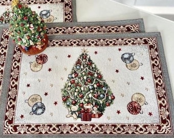 Christmas Tree Placemats Set of 4 – Woven Tapestry Placemats, Holiday Table Mats, Christmas Table Decor, Festive Dining Table Setting