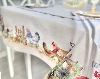 Farmhouse Chicken Tapestry Tablecloth, Woven Gobelin Fabric, Cottagecore Garden Linen