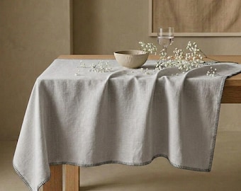 TOVAGLIE GRIGIO VOILE - Quadrate - Tovaglia bianca con bordo grigio, biancheria da tavola per le feste, biancheria da tavola bianca con cuciture a coperta grigie