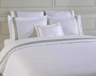 LEYLA-CELADON Luxury White Embroidered Bedding, Elegant Duvet Cover Set, Wedding Bedding, Hotel Style White Bedding, Minimalist Lux Bed Deco