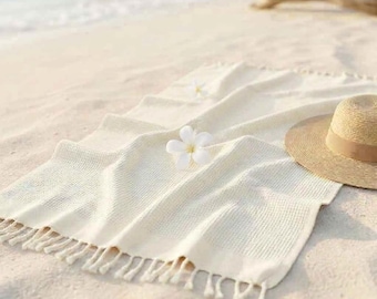 PESHTEMAL - Asciugamano turco a nido d'ape color crema, telo mare in cotone, coperta con frange, telo mare neutro a nido d'ape con nappe, cotone turco per spa