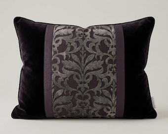 SILK VELVET PILLOW, Plum Silk Velvet Pillow Cover, Ornate European Accent Cushion Case