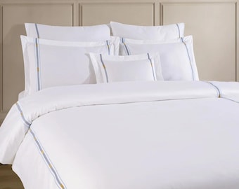 OZDEN-BLUE Luxury White & Gold Embroidered Duvet Cover Set – Turkish Cotton Bedding Set – Elegant Hotel Style Comforter Cover