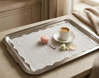 TOVAGLIO - Tovaglia in lino bianco ricamata, rivestimento per vassoio smerlato, tappetino per vassoio di lusso, tovaglietta decorativa per vassoio da caffè, lino bianco ricamato