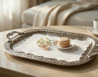 TOVAGLIE TOVAGLIE IN LINO BIANCO CON BORDI smerlati, fodera decorativa per vassoio, elegante tappetino da portata, decorazione per vassoio da caffè, tovaglietta con bordo smerlato