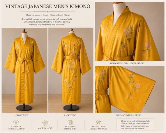 Japanese Kimono Men's Silk Kimono Robe Made in Japan Gold Embroidered Floral Traditional Kimono Collectible View 4