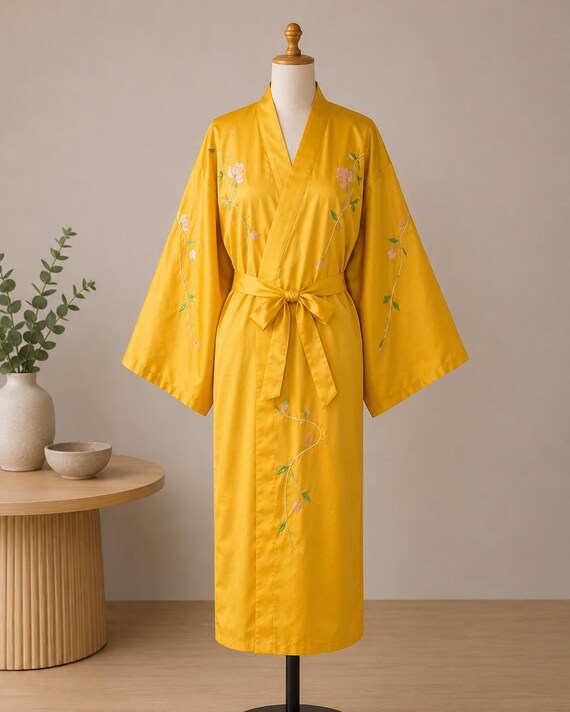 Japanese Kimono Men's Silk Kimono Robe Made in Japan Gold Embroidered Floral Traditional Kimono Collectible View 2