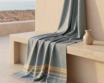 PESHTEMAL - Asciugamano turco blu costiero con strisce dorate, lusso per spa, cotone turco blu polvere, telo mare mediterraneo con nappe