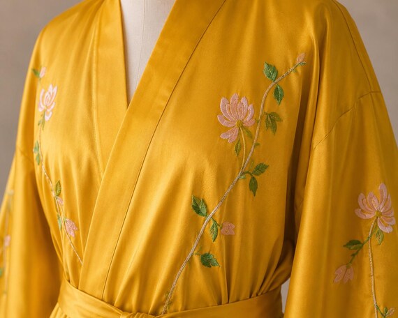 Japanese Kimono Men's Silk Kimono Robe Made in Japan Gold Embroidered Floral Traditional Kimono Collectible View 3