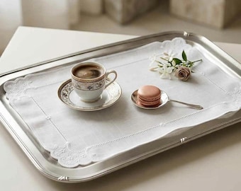TOVAGLIO - Tovaglia in lino bianco ricamato, elegante rivestimento per vassoio da portata, tappetino per vassoio in stile vintage, decorazione di lusso per vassoio da caffè, bianco ricamato