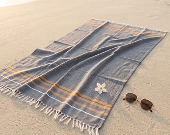 PESHTEMAL - Asciugamano turco grigio con strisce color cammello, lussuoso telo da spa, telo da spiaggia/piscina, cotone turco color antracite, telo da spiaggia neutro con strisce color cammello
