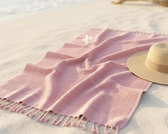 PESHTEMAL - Asciugamano turco rosa a nido d'ape, telo mare in cotone, coperta con frange, telo mare neutro a nido d'ape con nappe, cotone turco per spa