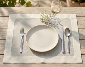 Tovagliette in lino con set di tovagliette in lino ricamate in stile antico, elegante biancheria da tavola con orlo a punto a vista, arredamento lussuoso e neutro per la sala da pranzo, stile rustico
